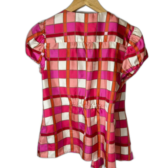 Banana Republic Pink Orange Ivory Check Print Silk SS Wrap Blouse Size S Petite - Picture 5 of 15